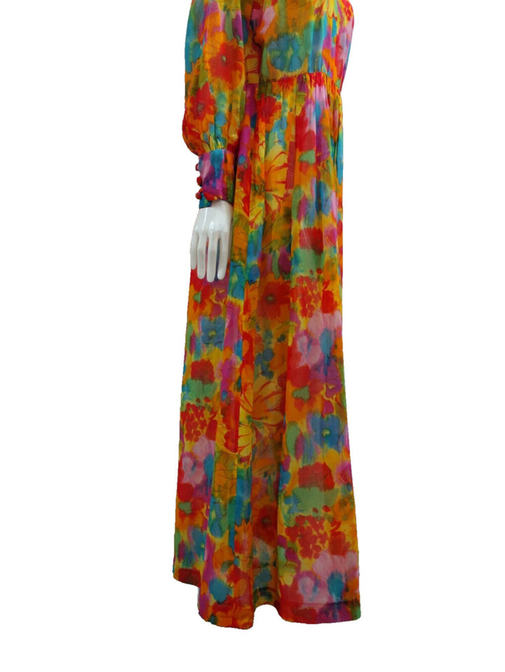 Vintage 70s Psychedelic Sheer Gown Maxi Gauzy Dress Flower Power Neon Orange M/L